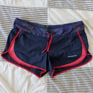 Patagonia Women's Navy Shorts with Red Trim and Patterned Waistband